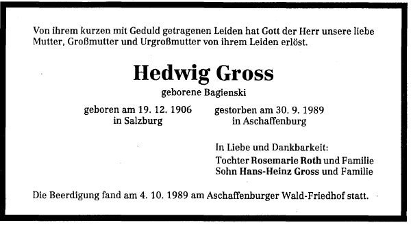 Bagienski Hedwig 1906-1989 Todesanzeige